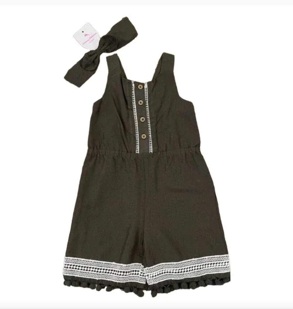 NWT Tommy Bahama Kids Girls' Olive Green Pom Pom Romper & Headband - 18M
